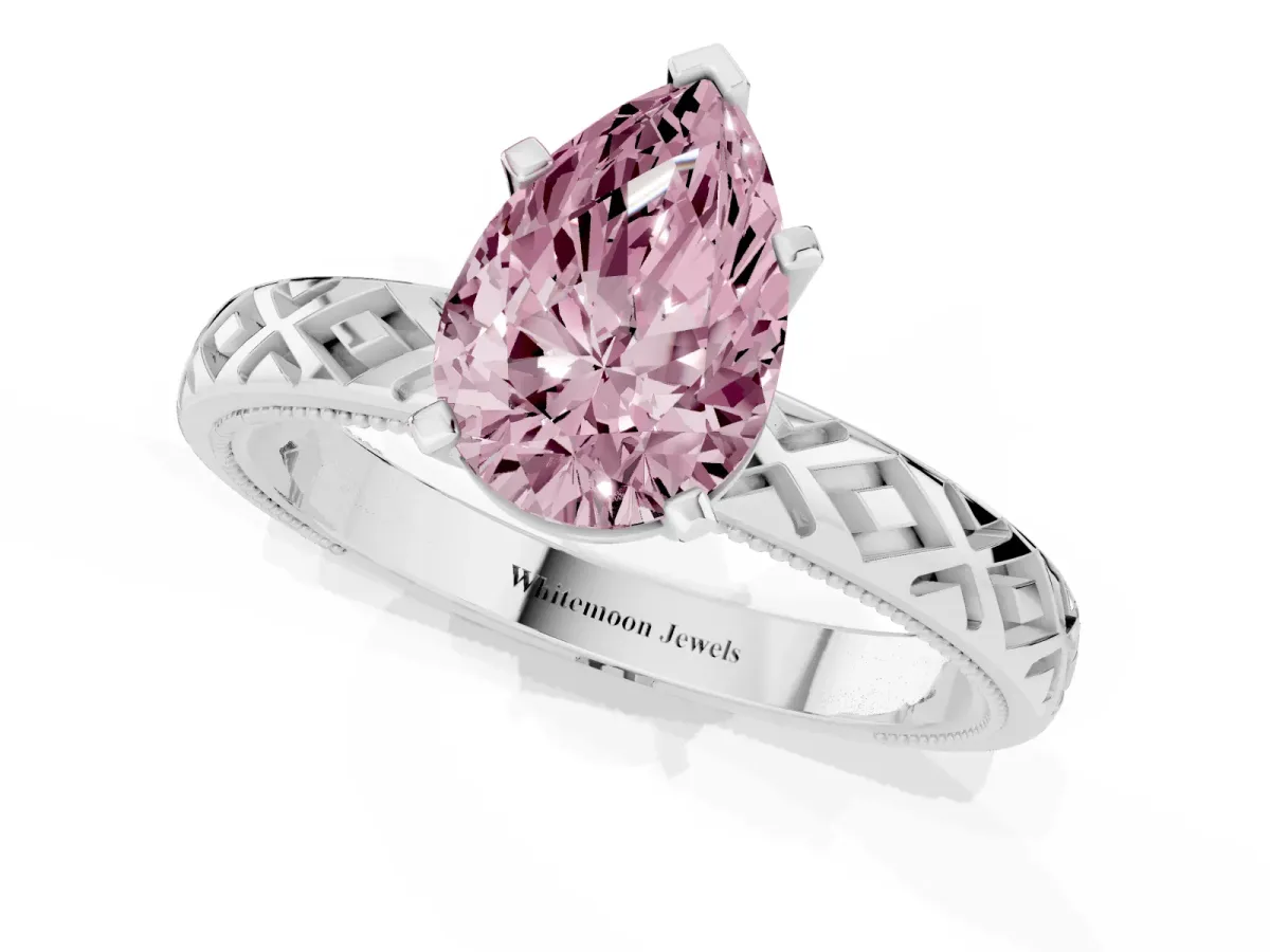 Fancy Pink Pear Cut Solitaire Diamond Ring with Milgrain and Black Enamel X Pattern Band Silver