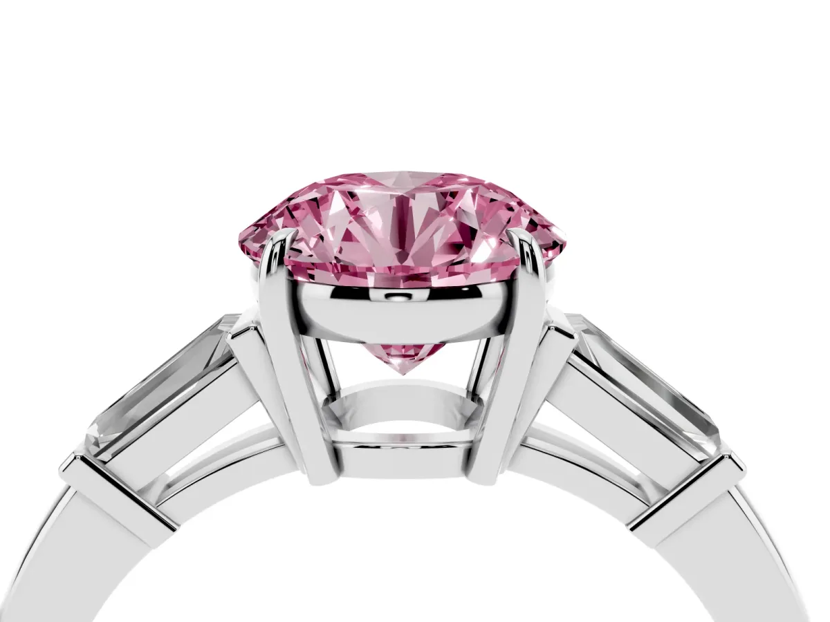 Fancy Pink Round Cut Diamond Three-Stone Ring with Tapered Baguette Side Stones and Prong Setting White gold