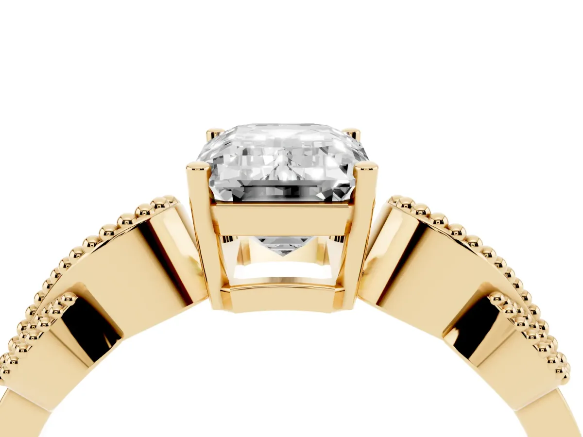 Emerald Cut Solitaire Milgrain Leaf Band with Prong Setting Yellow gold