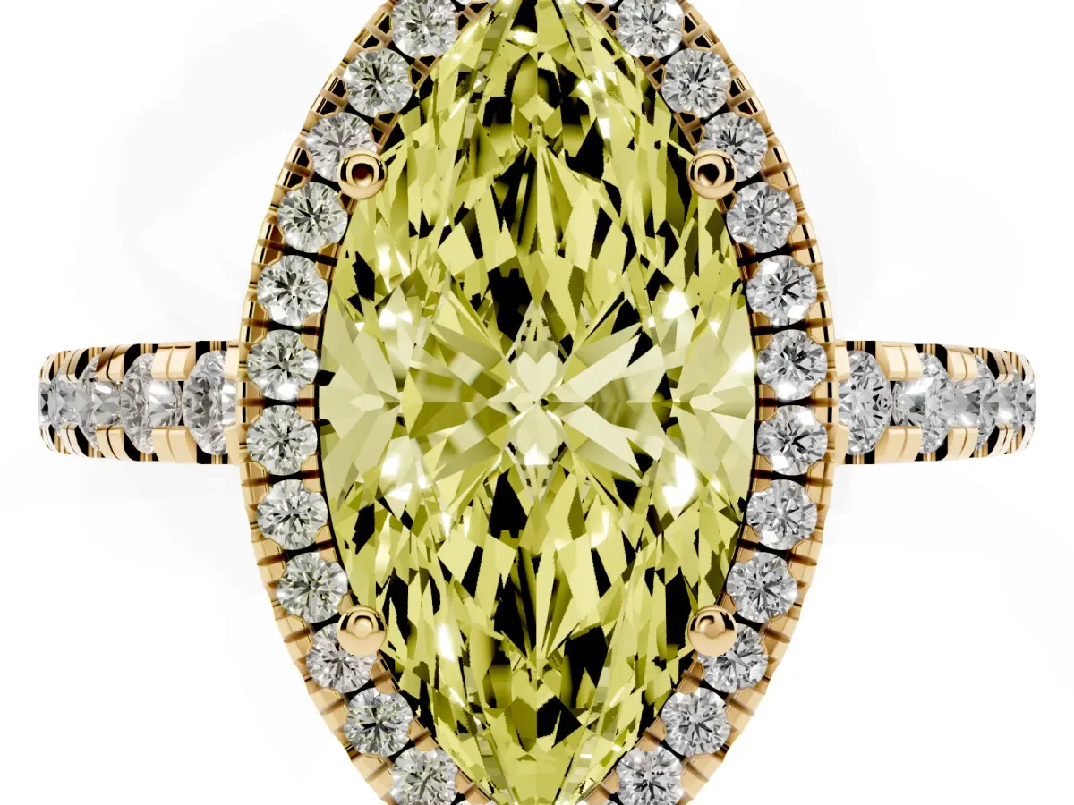Fancy Yellow Marquise Cut Diamond Halo Ring with Pavé Band and Four-Prong Setting Yellow gold