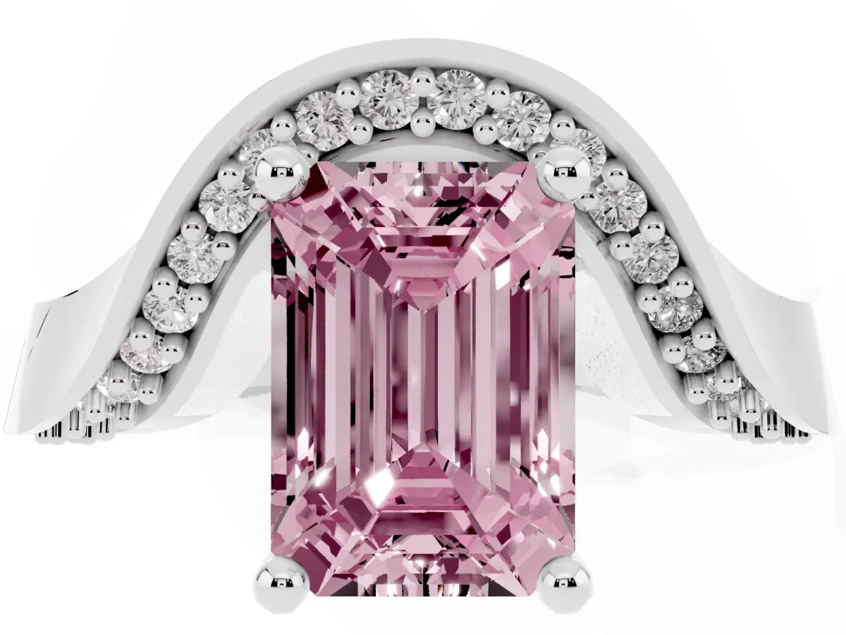 Fancy Pink Emerald Cut Solitaire Diamond Engagement Ring with Pave Band and Four-Prong Setting Platinum