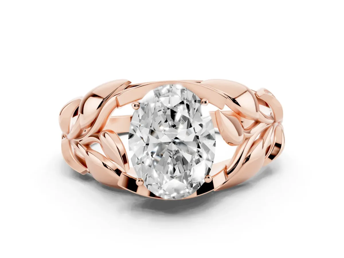 Oval Cut Diamond Leaf-Inspired Engagement Ring with Round Accents and Prong Setting Rose gold
