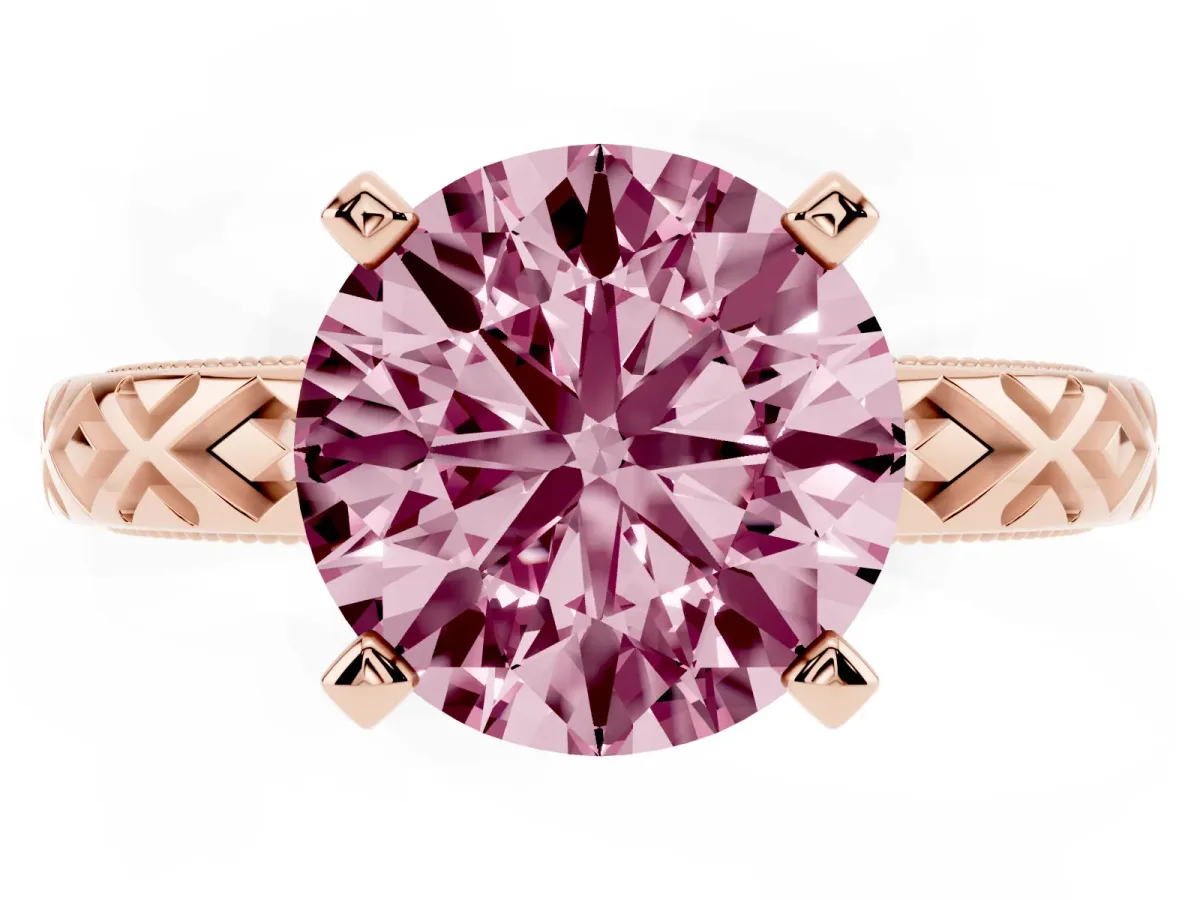Fancy Pink Round Cut Solitaire Diamond Ring with Milgrain and Black Enamel X Pattern Band Rose gold