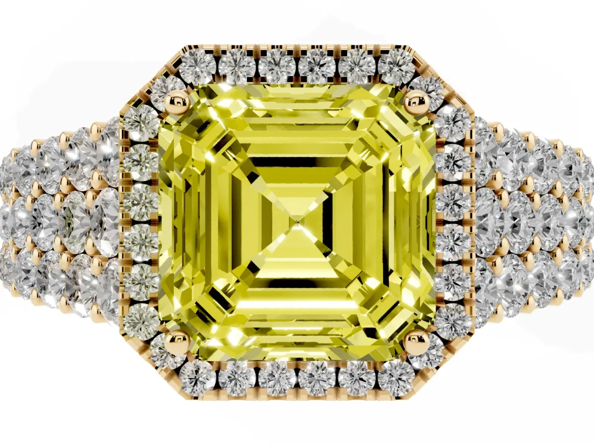 Fancy Yellow Asscher Cut Diamond Halo Engagement Ring with Triple Row Round Pavé Band and Prong Setting Yellow gold
