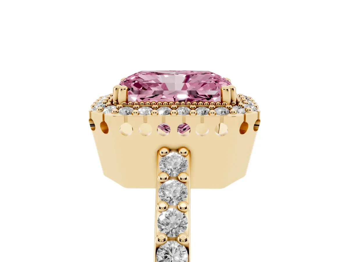 Fancy Pink Radiant Cut Cut Diamond Halo Engagement Ring with Milgrain Detail and Pavé Band Yellow gold