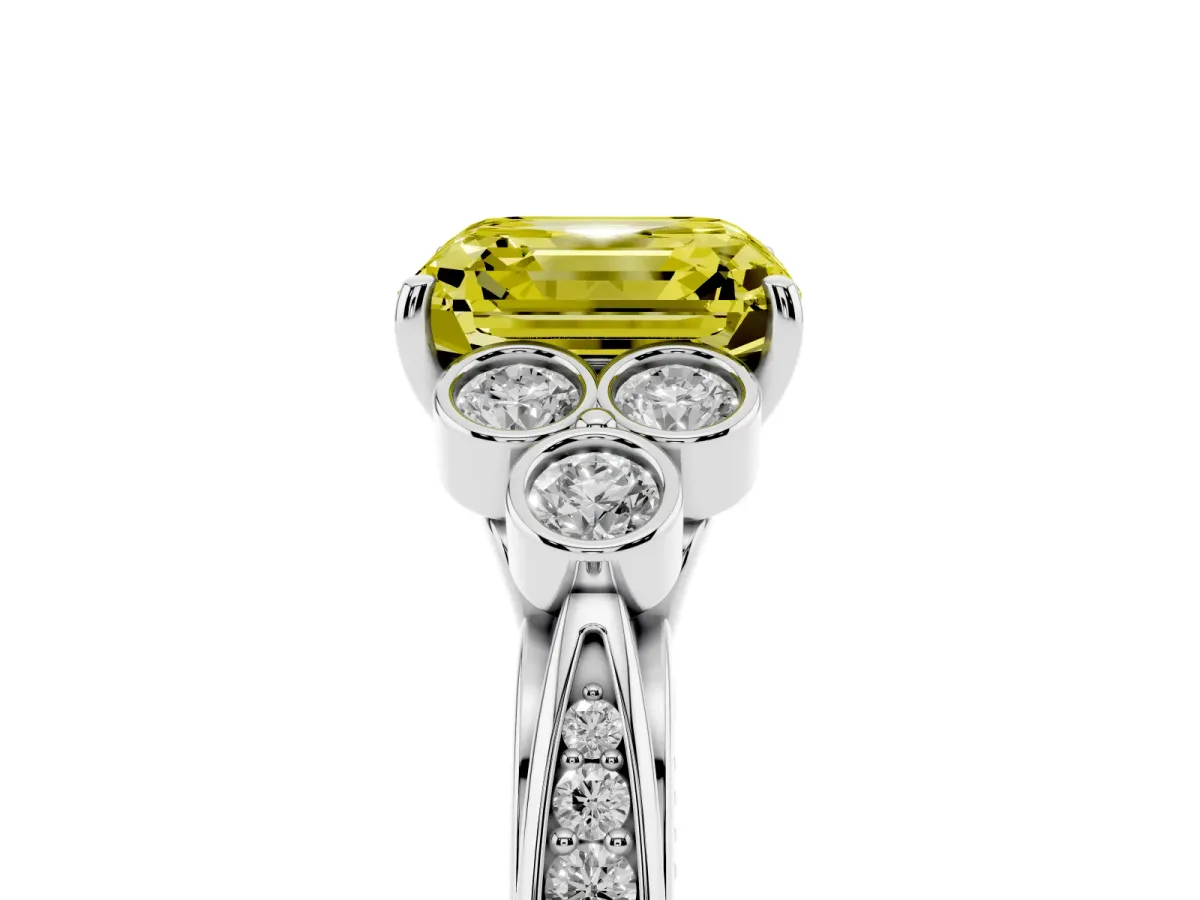 Fancy Yellow Asscher Cut Cut Diamond Engagement Ring with Bezel Set Round Side Stones and Prong Setting Platinum