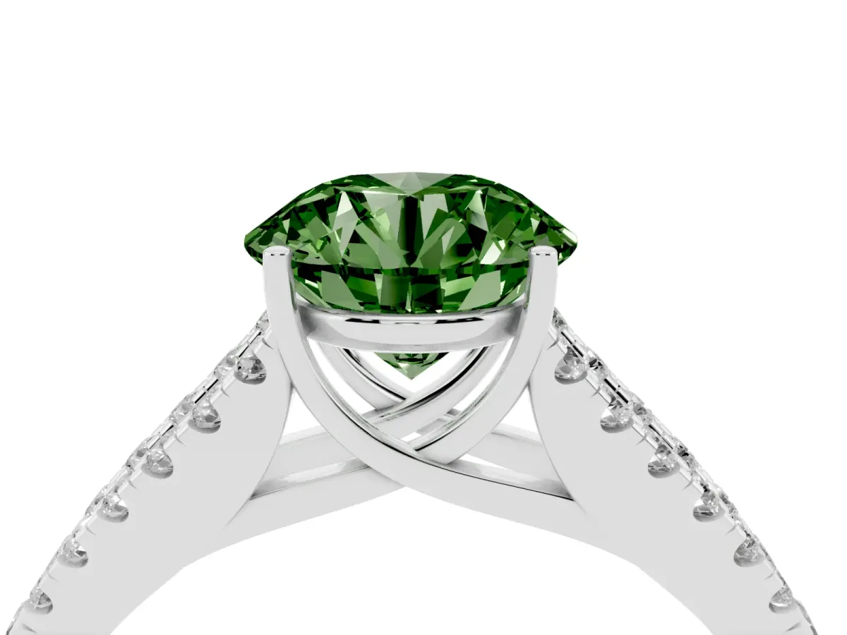 Fancy Green Round Cut Diamond Split Shank Pavé Engagement Ring with Four-Prong Setting Platinum