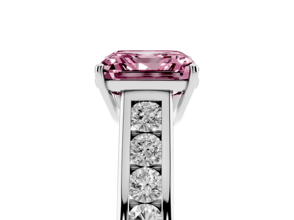 Fancy Pink Asscher Cut Solitaire Channel-Set Diamond Engagement Ring with Four-Prong Setting Silver