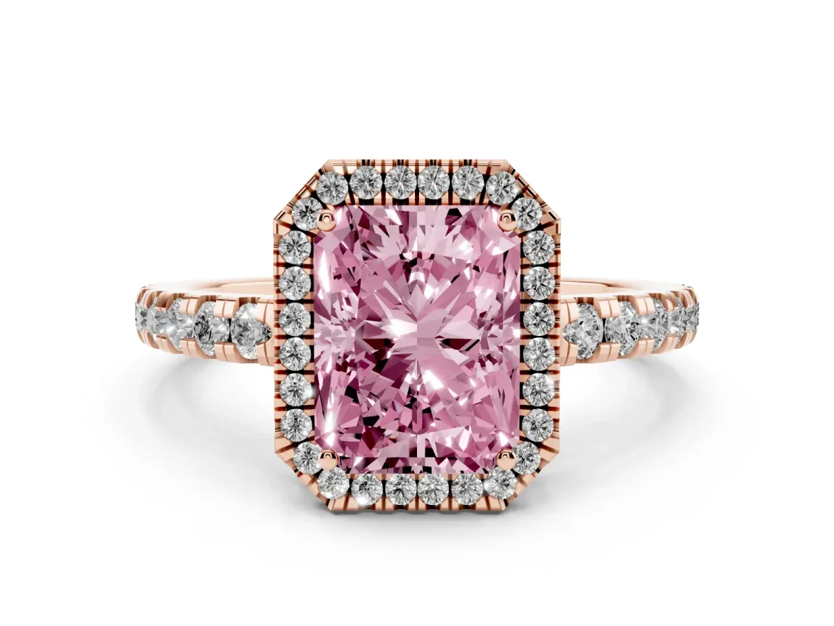 Fancy Pink Radiant Cut Diamond Halo Ring with Pavé Band and Four-Prong Setting Rose gold