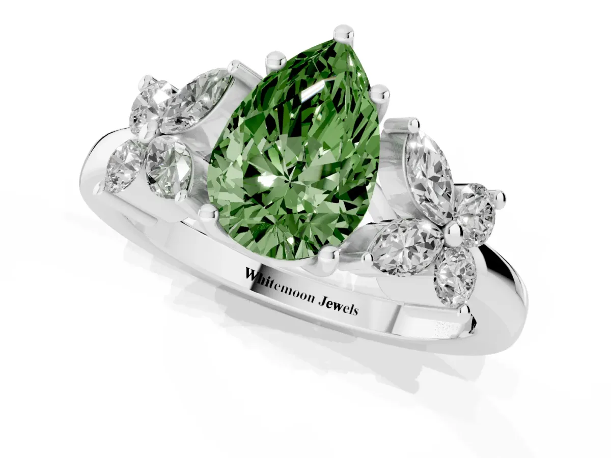 Fancy Green Pear Cut Diamond Floral Cluster Ring with Solitaire Band and Prong Setting Silver