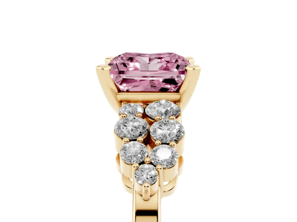 Fancy Pink Princess Cut Cluster Diamond Engagement Ring with Pavé Band and Four-Prong Setting Yellow gold