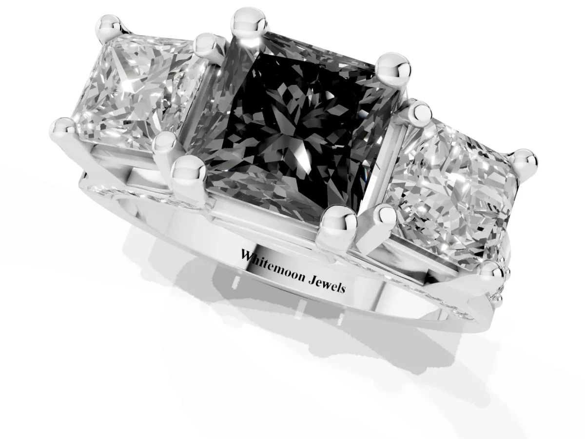 Fancy Black Princess Cut Diamond Three-Stone Ring with Channel Set Band and Four-Prong Setting Platinum