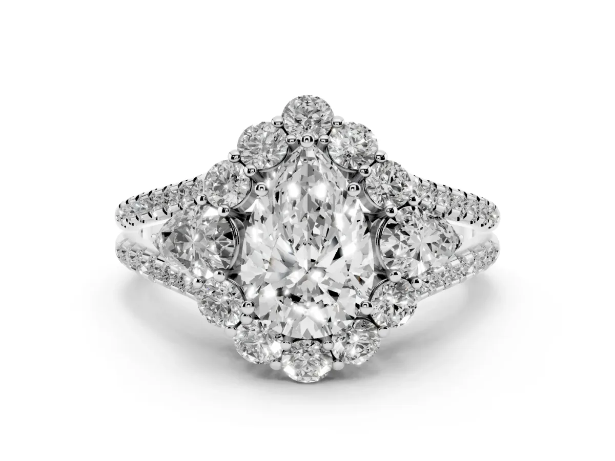 Pear Cut Halo Split Shank Diamond Engagement Ring with Prong Setting Silver
