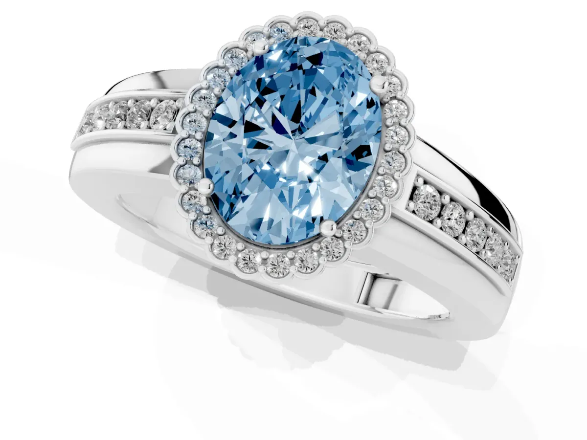 Fancy Blue Oval Cut Cut Halo Pave Band Four-Prong Ring Silver