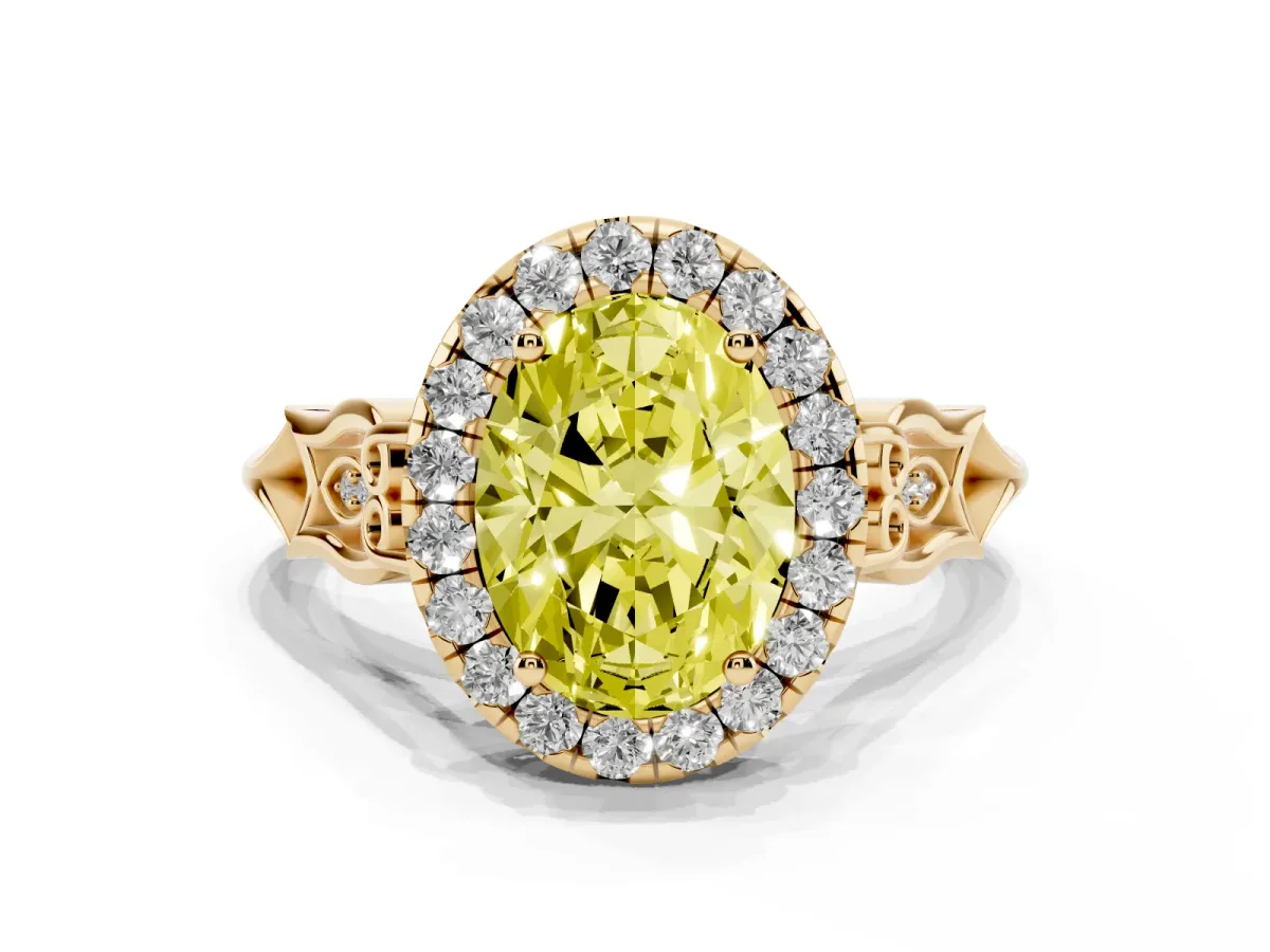 Fancy Yellow Oval Cut Halo Diamond Engagement Ring with Filigree Band and Four-Prong Setting Yellow gold