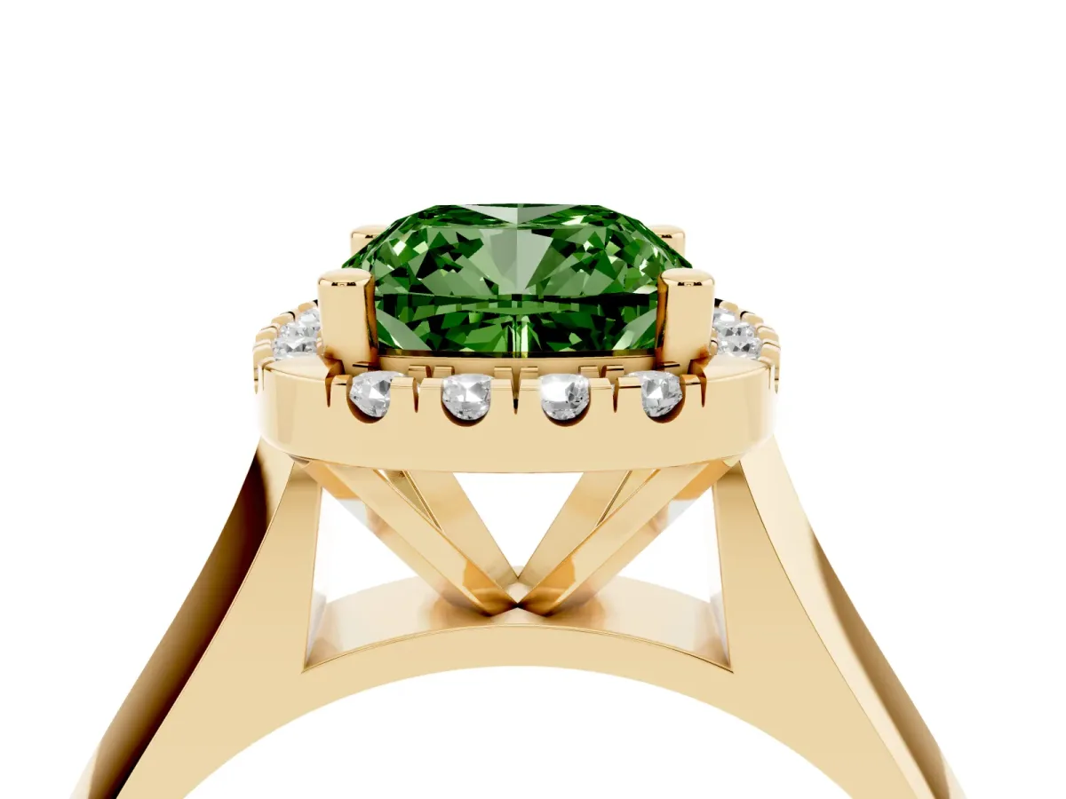 Fancy Green Cushion Cut Cut Halo Solitaire Engagement Ring with Square Band and Four-Prong Setting Yellow gold
