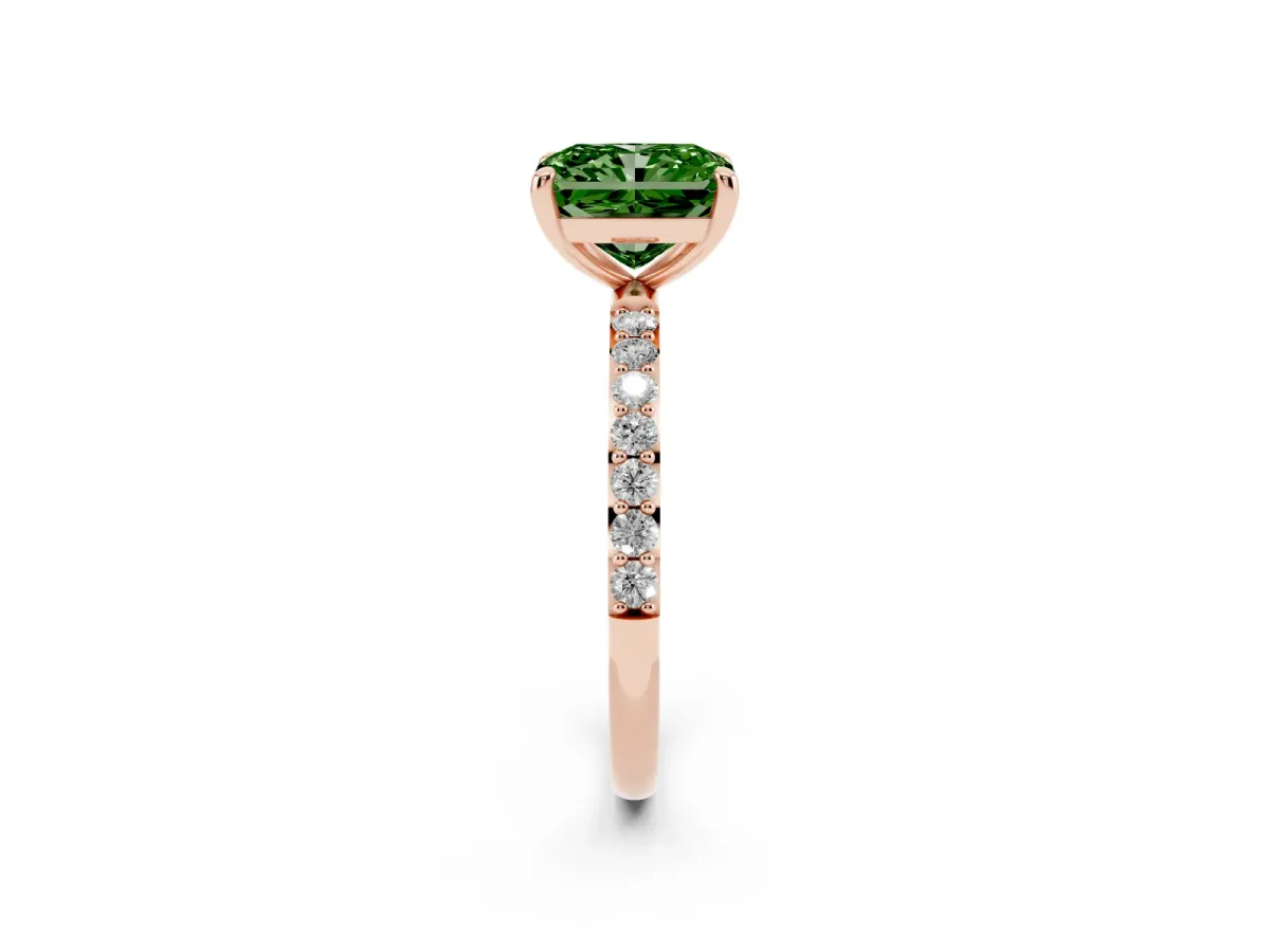 Fancy Green Radiant Cut Diamond Solitaire Ring with Round Pavé Band and Prong Setting Rose gold
