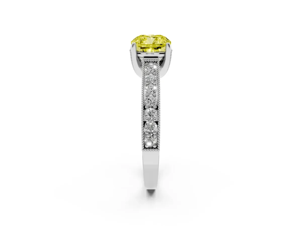 Fancy Yellow Cushion Cut Cut Diamond Solitaire Ring with Milgrain Pave Band and Four Prong Setting Silver
