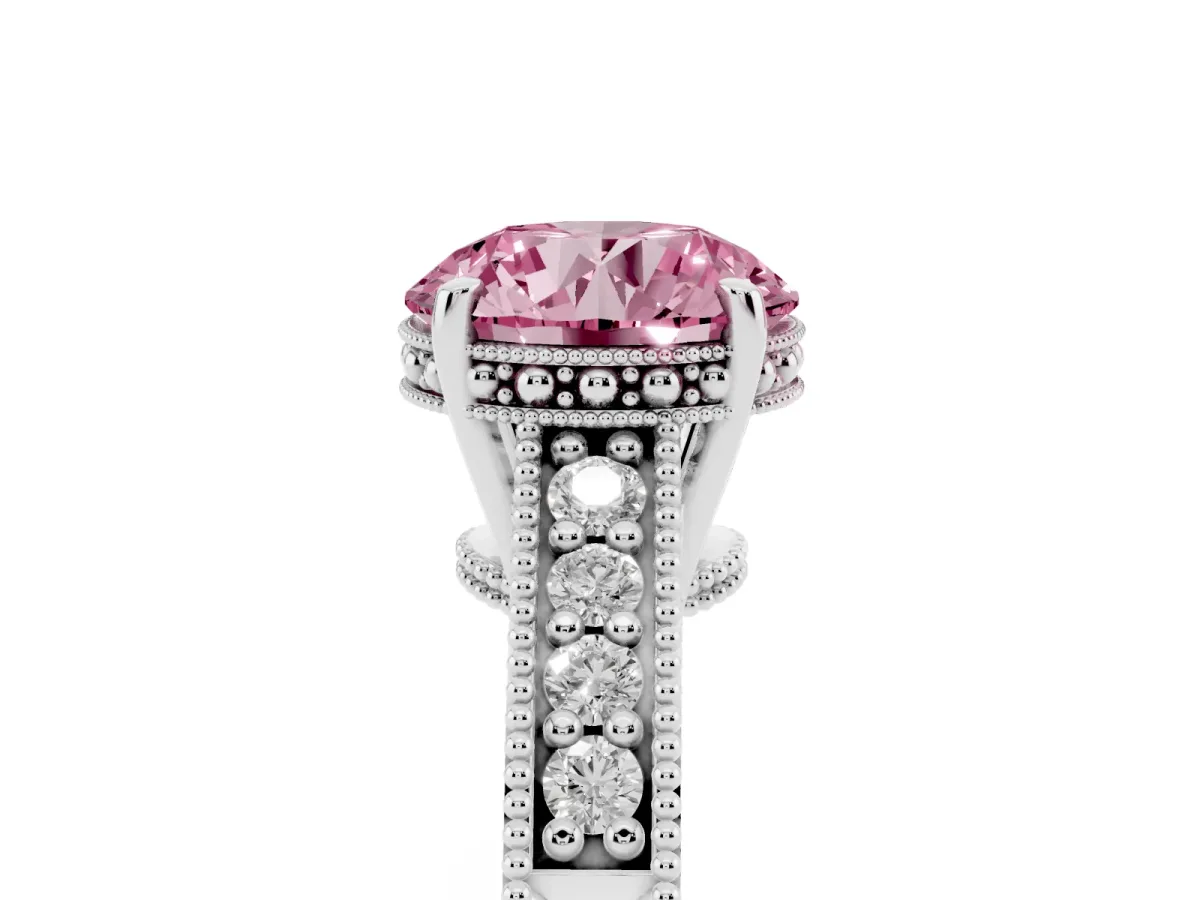 Fancy Pink Round Cut Solitaire Pavé Diamond Milgrain Engagement Ring with Four-Prong Setting Silver
