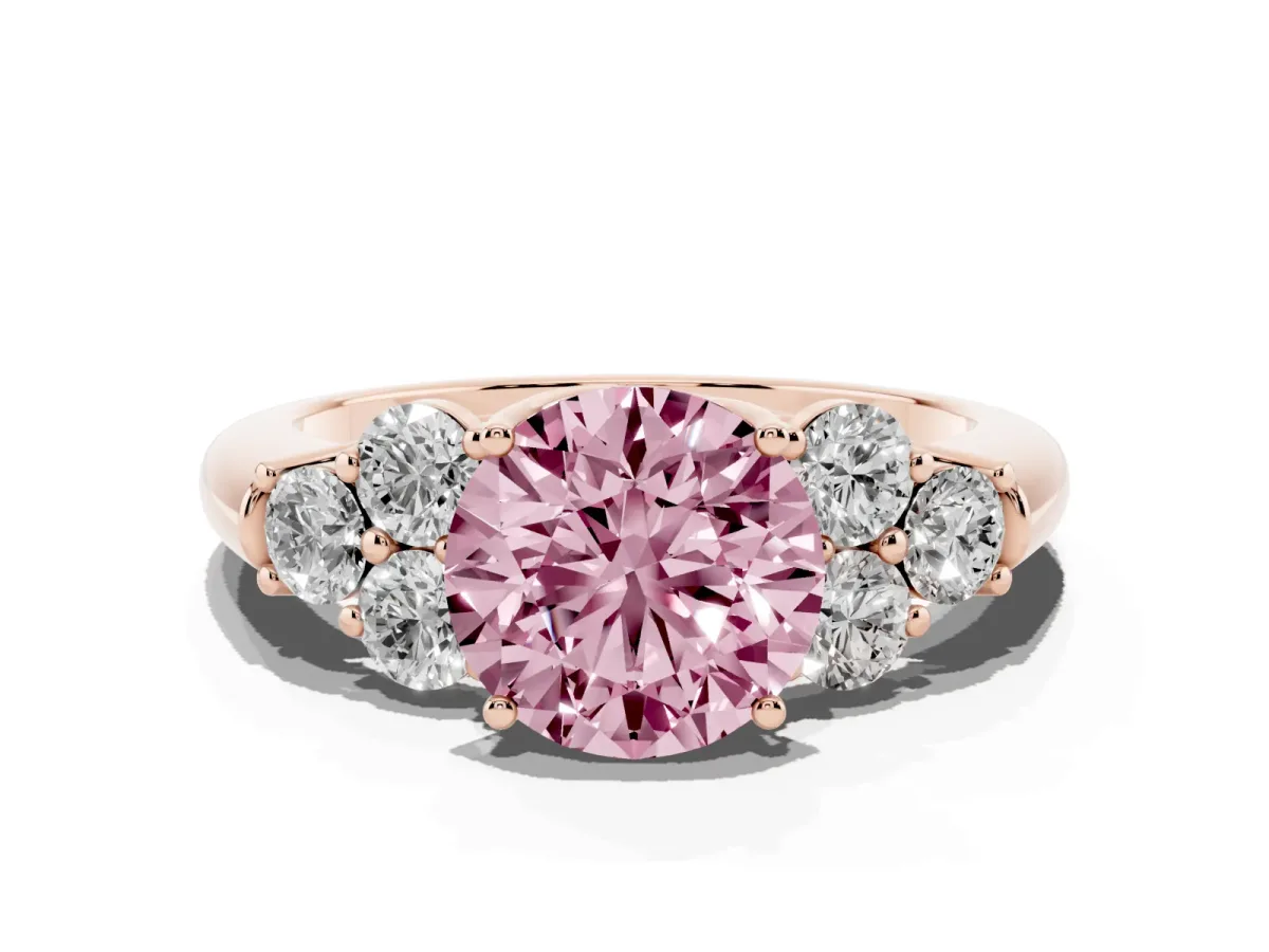 Fancy Pink Round Cut Cut Diamond Cluster Ring with Round Accent Stones and Prong Setting on a Classic Band Rose gold
