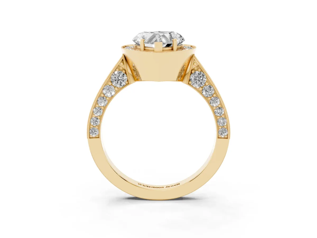 Heart Cut Halo Diamond Engagement Ring with Split Shank Band and Four-Prong Setting Yellow gold