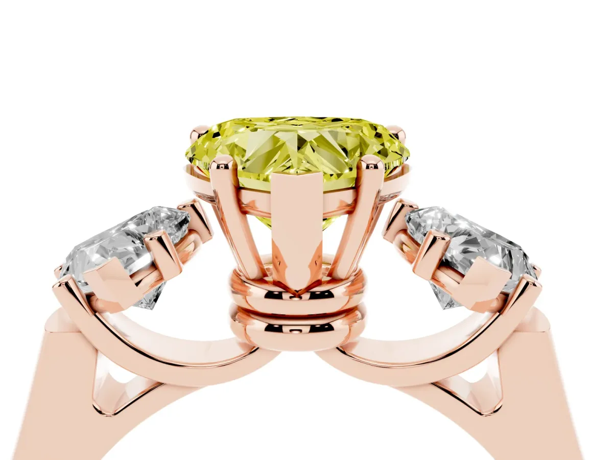 Fancy Yellow Three-Stone Heart Cut Brilliant Diamond Trellis Ring with Comfort Fit Band Rose gold