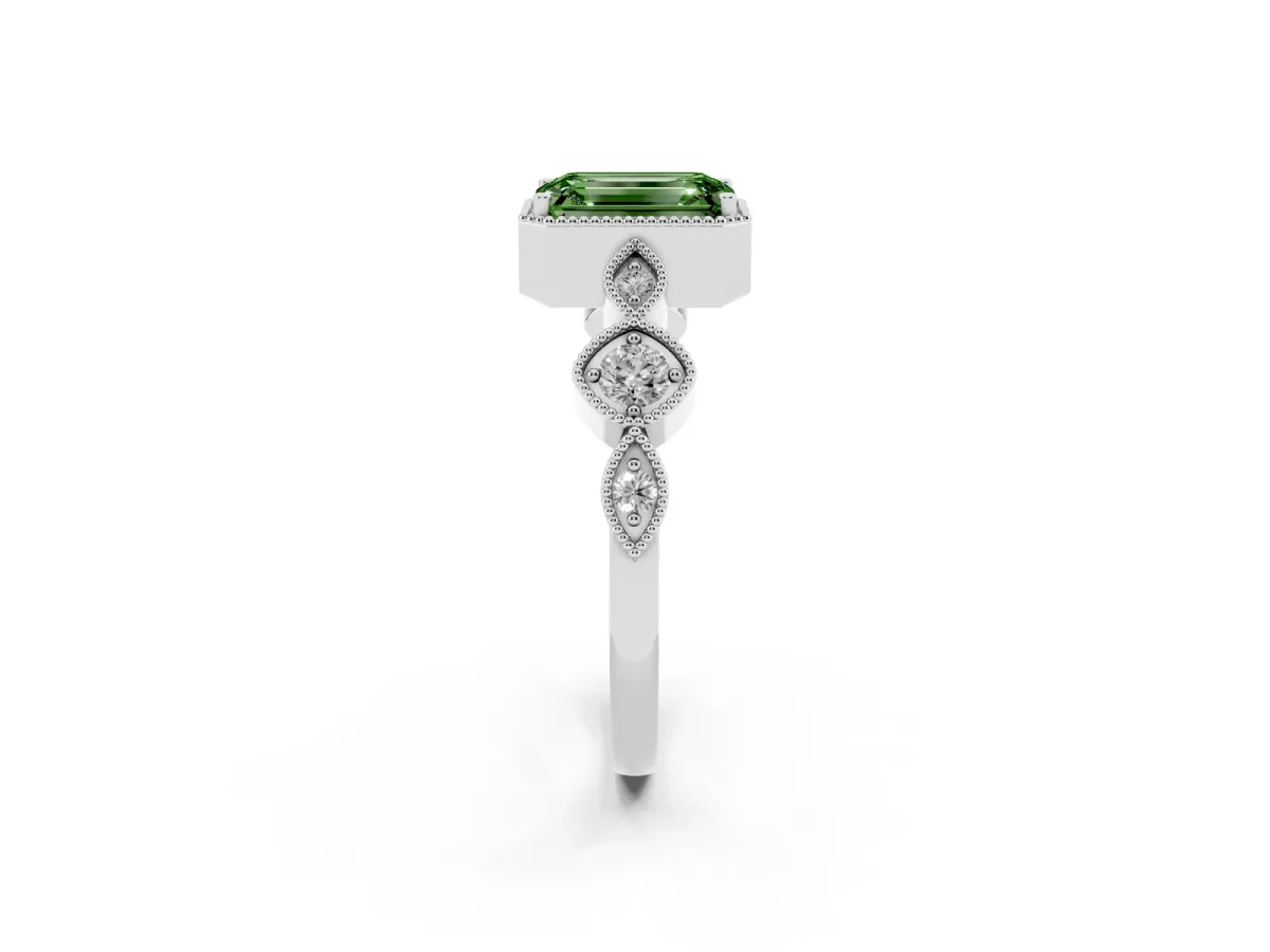 Fancy Green Emerald Cut Diamond Vintage Milgrain Ring with Round Stations Silver