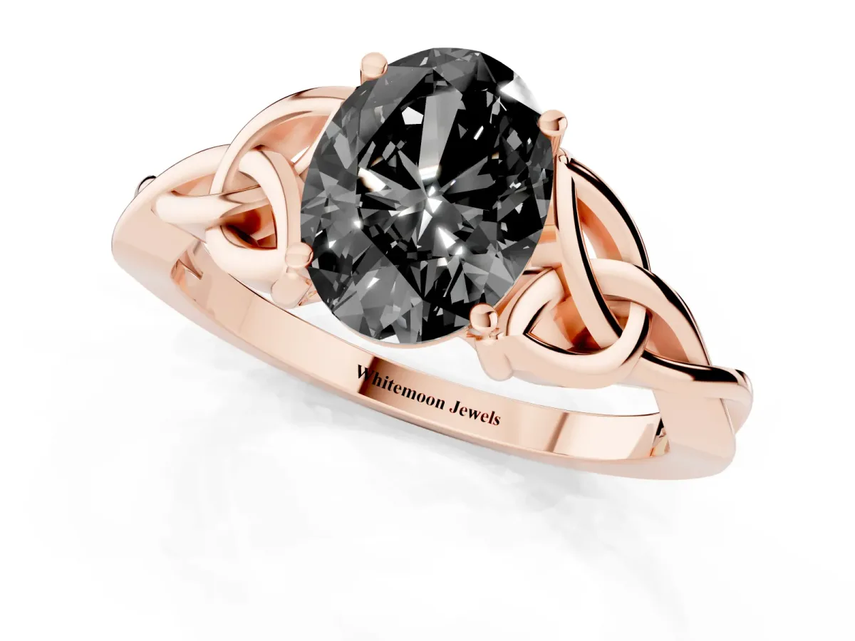 Fancy Black Oval Cut Diamond Solitaire Engagement Ring with Celtic Knot Band and Four-Prong Setting Rose gold