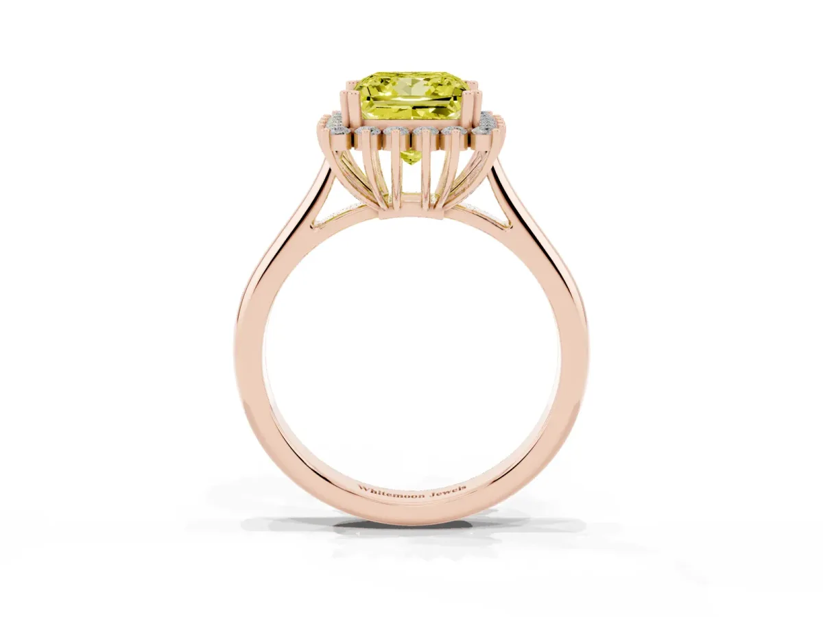 Fancy Yellow Princess Cut Cut Diamond Halo Ring with Solitaire Band and Prong Setting Rose gold