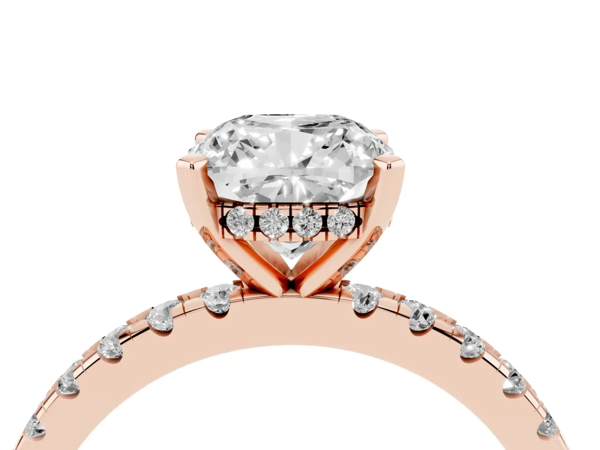 Cushion Cut Diamond Solitaire Ring with Round Pavé Band and Four-Prong Setting Rose gold
