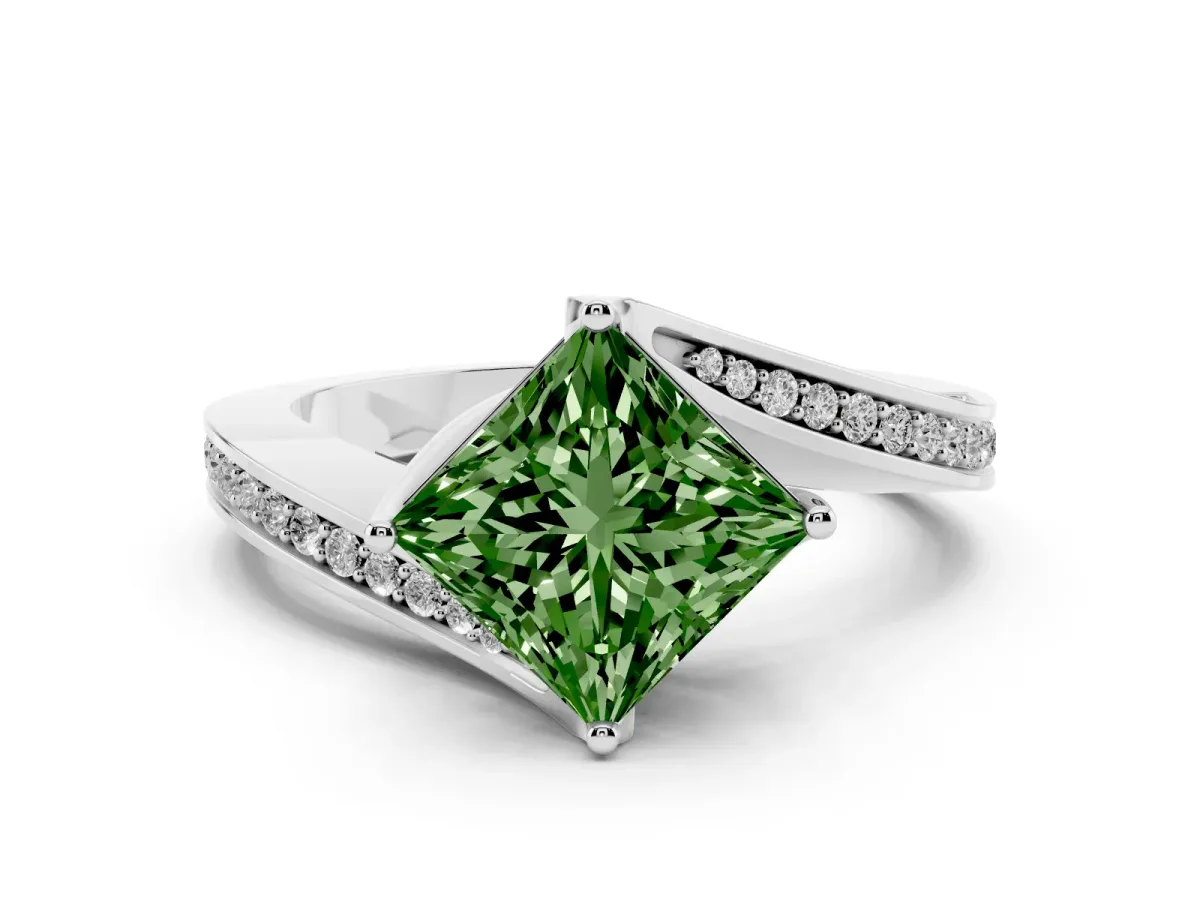 Fancy Green Princess Cut Solitaire Diamond Twist Band with Pavé Setting and Four-Prong Setting Silver