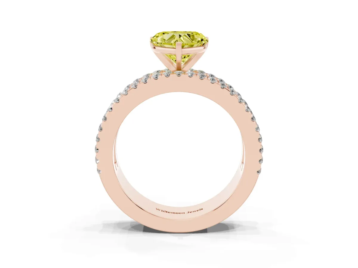 Fancy Yellow Heart Cut Diamond Solitaire Ring with Pavé and Channel Set Band Rose gold