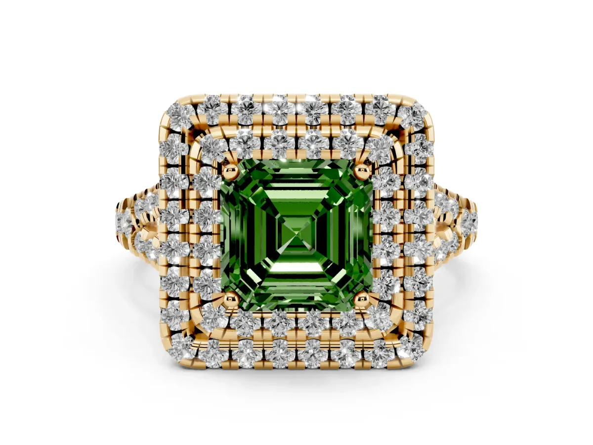 Fancy Green Double Halo Asscher Cut Diamond Pavé Split Shank Ring with Prong Setting Yellow gold