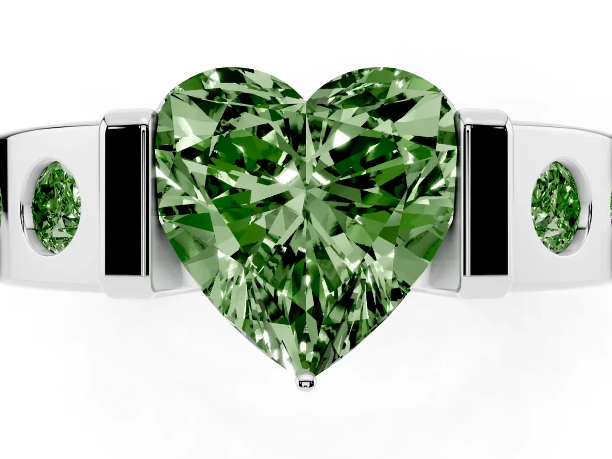 Fancy Green Heart Cut Brilliant Channel-Set Diamond Ring with Bezel Prong Setting Silver