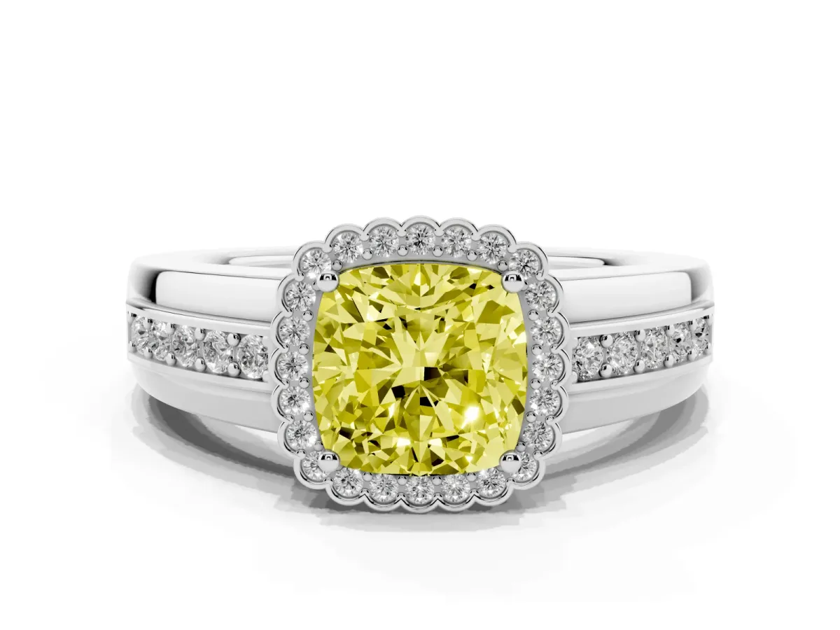 Fancy Yellow Cushion Cut Cut Halo Pave Band Four-Prong Ring White gold
