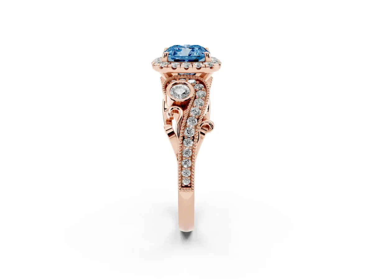 Fancy Blue Cushion Cut Diamond Halo Ring with Milgrain Pavé Band and Four-Prong Setting Rose gold
