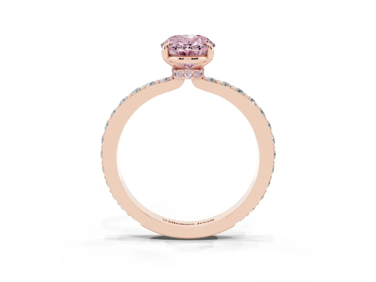 Fancy Pink Oval Cut Diamond Pavé Engagement Ring with Round Accents and Prong Setting Rose gold