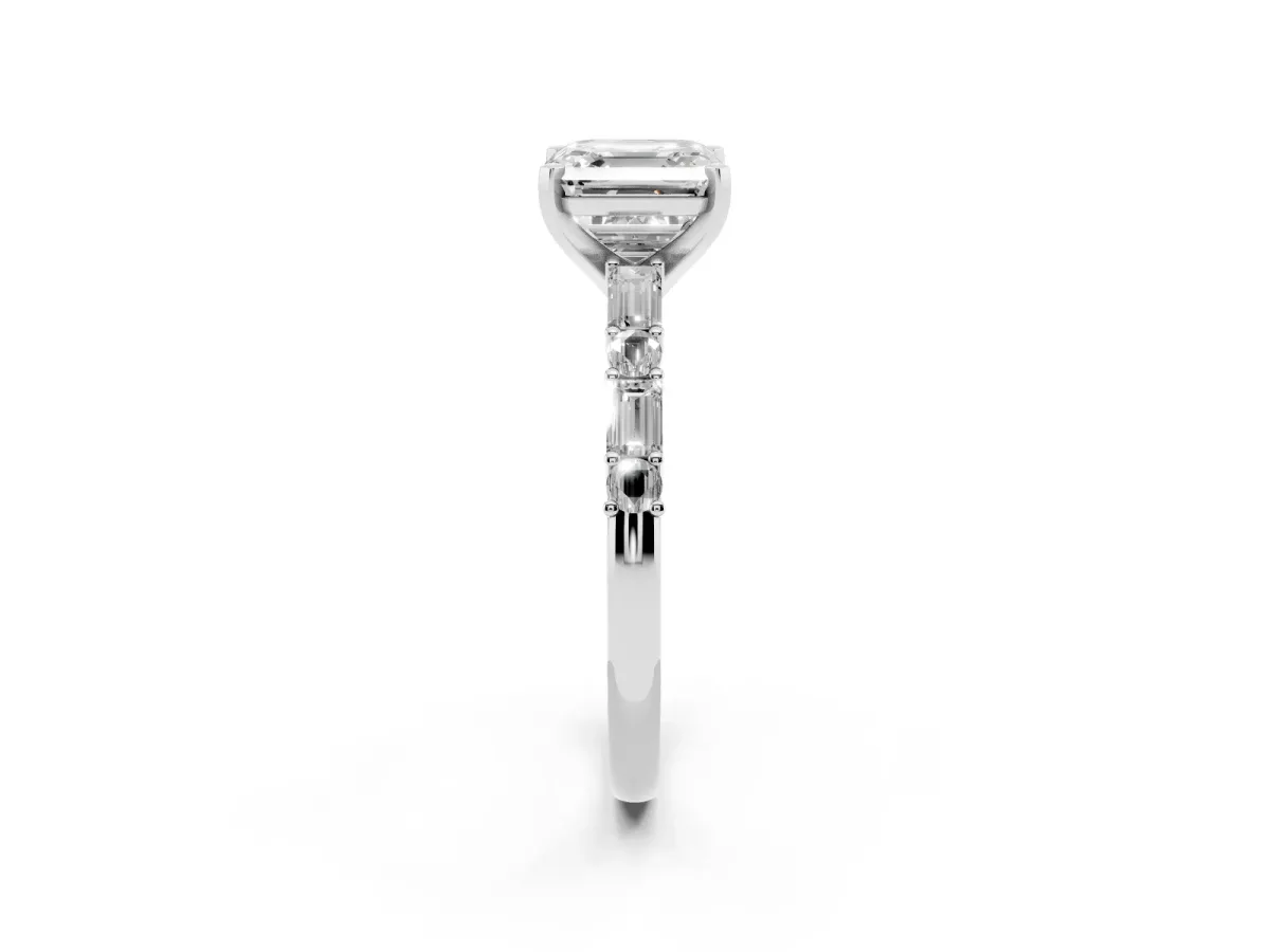 Asscher Cut Diamond Solitaire with Side Baguettes and Channel Set Band Silver