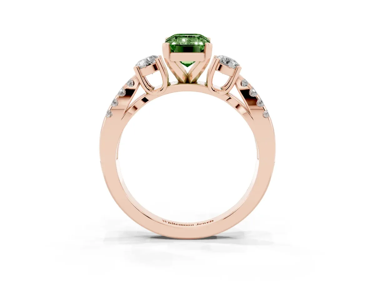 Fancy Green Emerald Cut Diamond Three-Stone Ring with Pavé Split Shank and Four-Prong Setting Rose gold