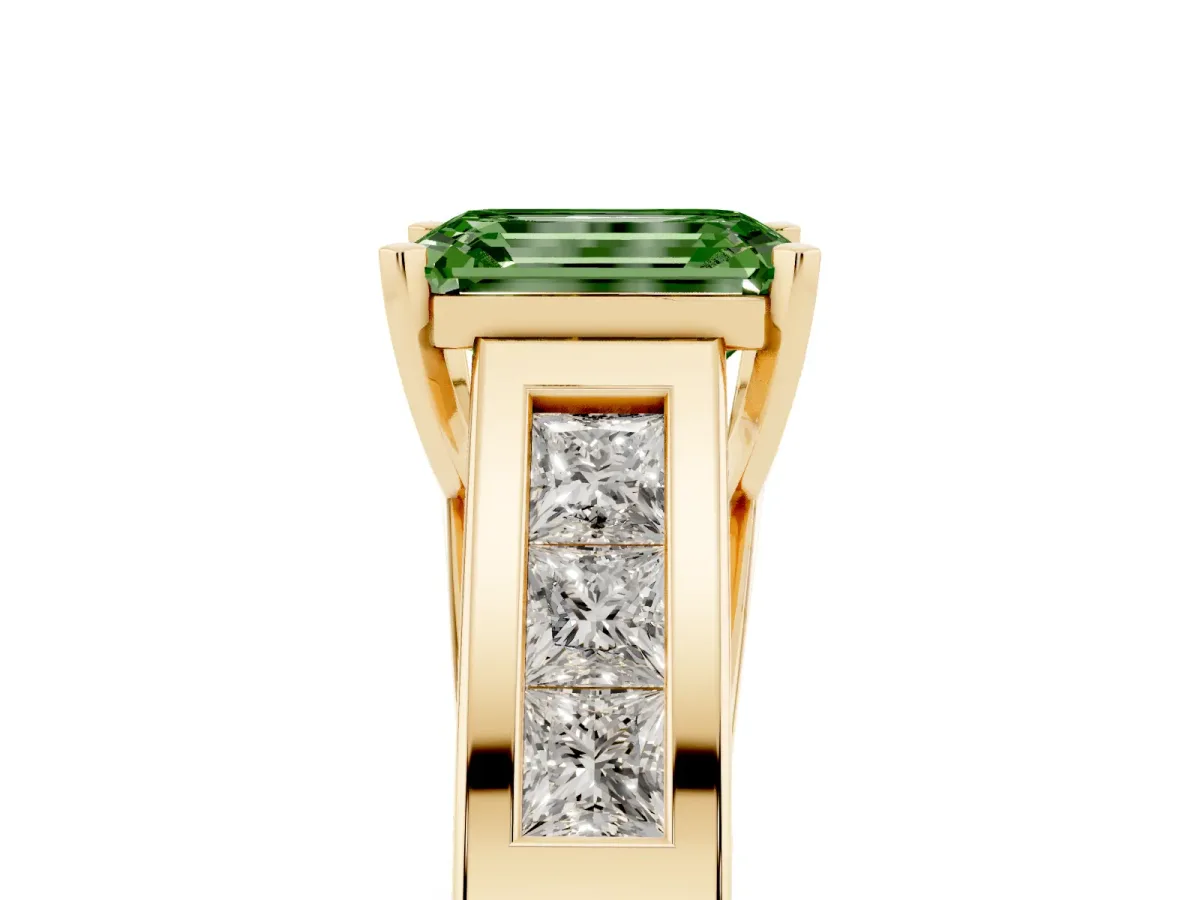 Fancy Green Emerald Cut Cut Channel Set Solitaire Ring with Four-Prong Setting Yellow gold