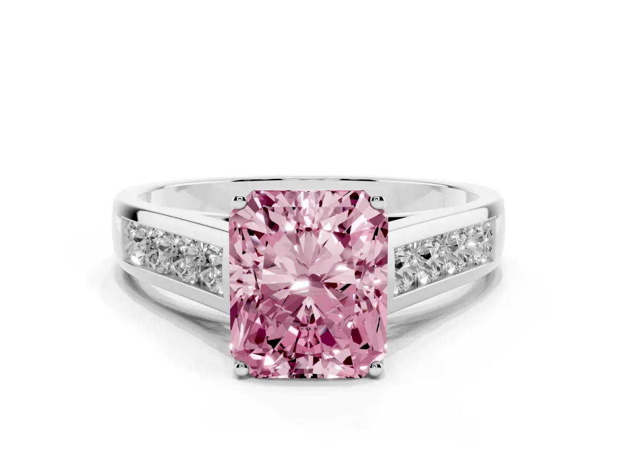 Fancy Pink Radiant Cut Solitaire Channel-Set Diamond Engagement Ring with Four-Prong Setting Silver