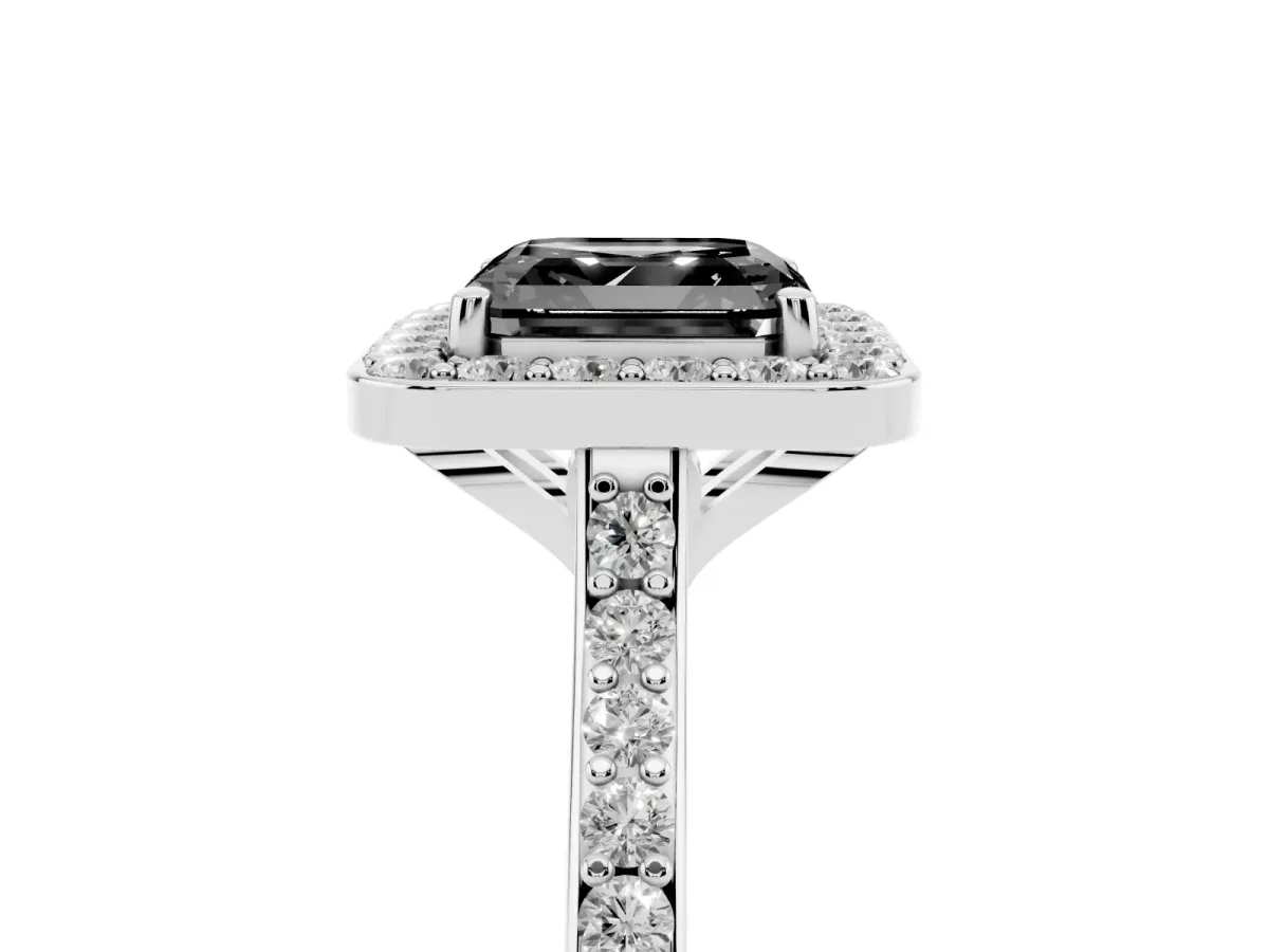 Fancy Black Asscher Cut Diamond Halo Engagement Ring with Round Pavé Shoulders and Prong Setting Platinum