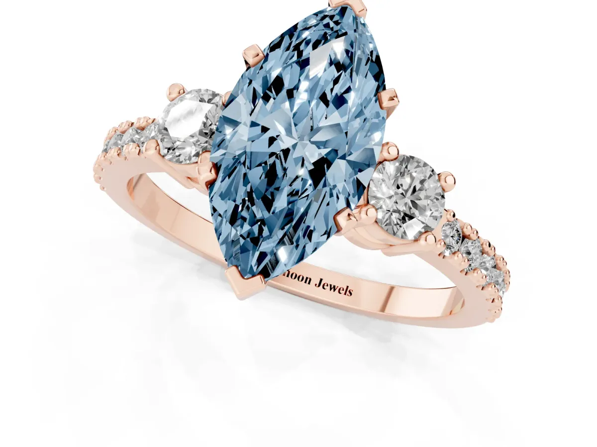 Fancy Blue Marquise Cut Three-Stone Diamond Pavé Band with Prong Setting Rose gold