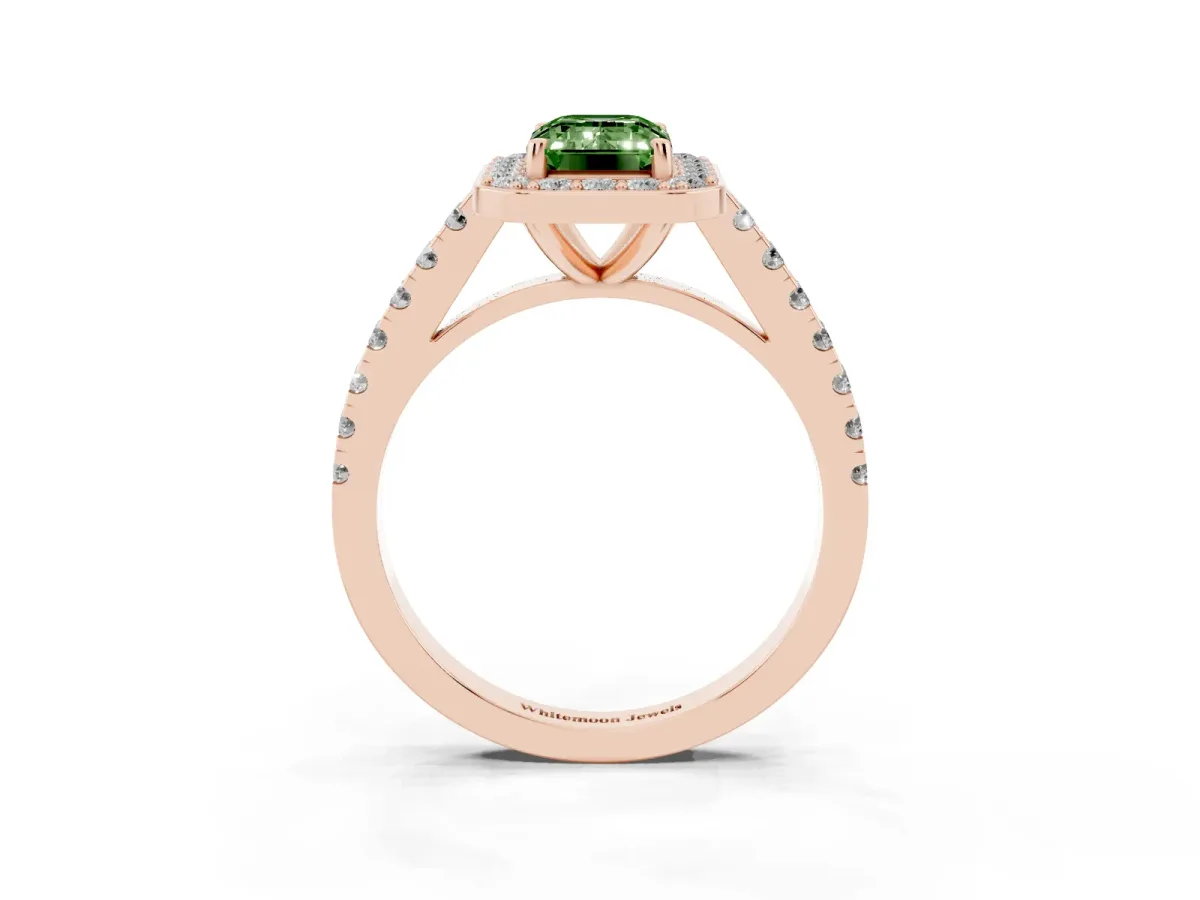 Fancy Green Emerald Cut Diamond Halo Ring with Round Pavé Split Shank and Prong Setting Rose gold
