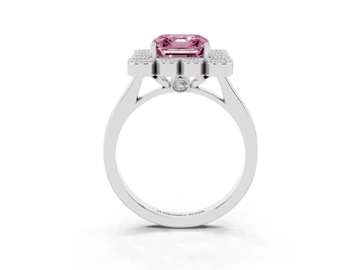 Fancy Pink Asscher Cut Halo Diamond Cluster Engagement Ring with Milgrain Bezel Setting and Solitaire Band Platinum