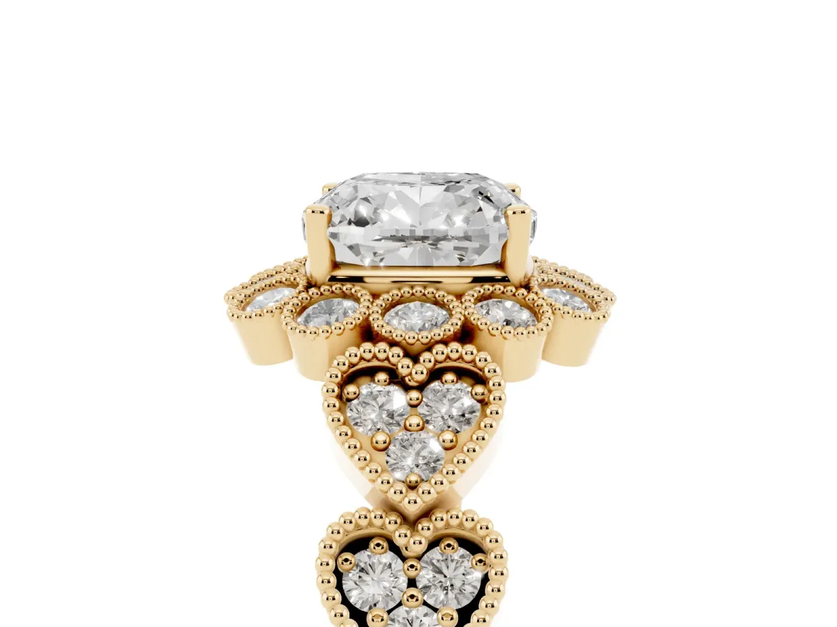 Cushion Cut Brilliant Milgrain Pave Heart Band Solitaire Ring Yellow gold