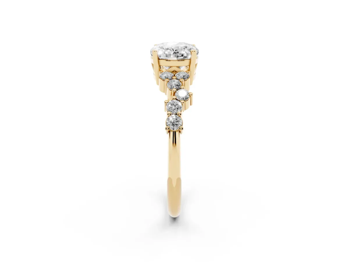 Oval Cut Diamond Scattered Round Accent Ring with Prong Setting Yellow gold