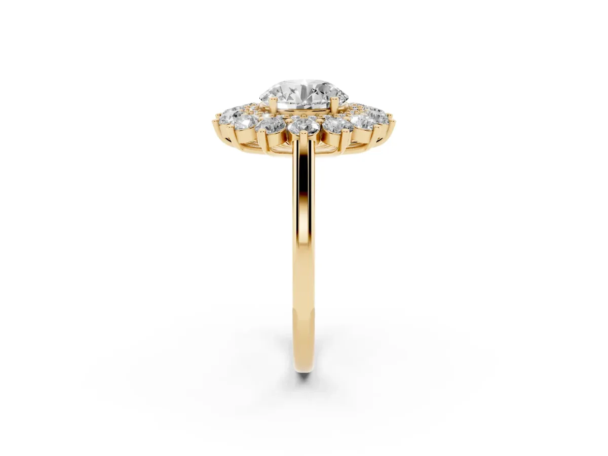 Round Cut Diamond Floral Double Halo Engagement Ring with Prong Setting Yellow gold