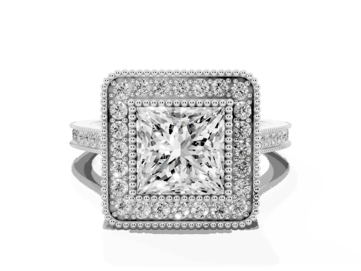 Princess Cut Diamond Halo Ring with Milgrain Frame and Pavé Band Platinum