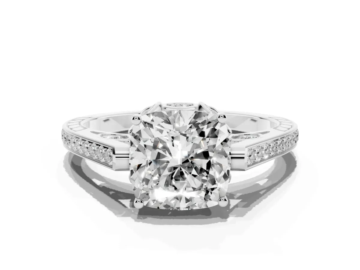 Cushion Cut Cut Cathedral Pave Diamond Engagement Ring with Six-Prong Setting Silver